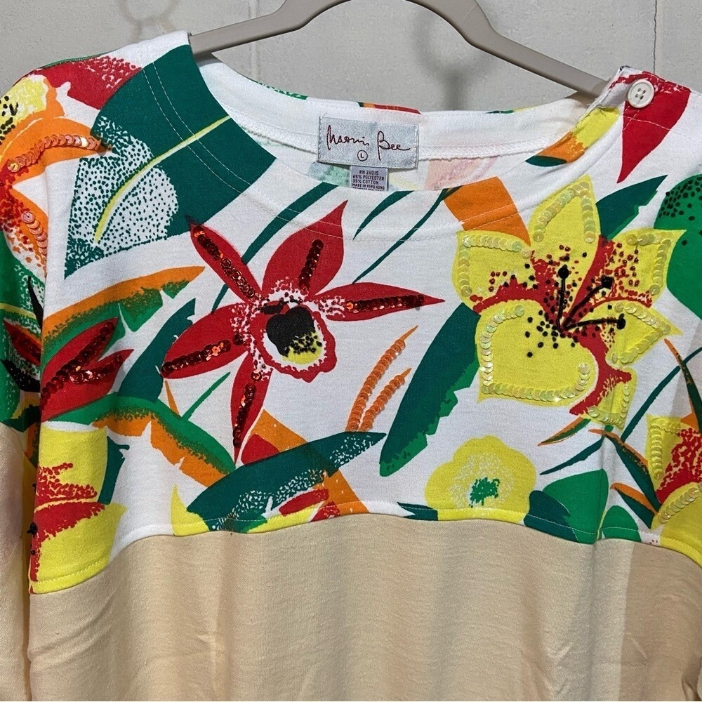 Vintage Maori Bee Women's Crewneck Sweatshirt LARGE Tan Sequins Tropical 80s 90s - Picture 3 of 6